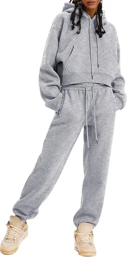Vista 29 de Kissonic Conjunto deportivo de forro polar para mujer, 2 piezas, sudadera con capucha y pantalones deportivos