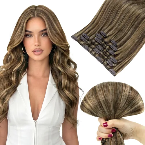 Vista 23 de Ve Sunny Extensiones de cabello clip-in de cabello humano real con reflejos, extensiones de cabello con clip para cabello corto, marrón oscuro