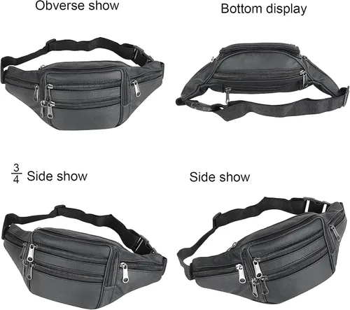Vista 7 de Riñonera de cuero para viaje, 7 bolsillos, cintura adecuada para exteriores, montañismo, viajes, campamento, ciclismo, correr, etc. (negro)