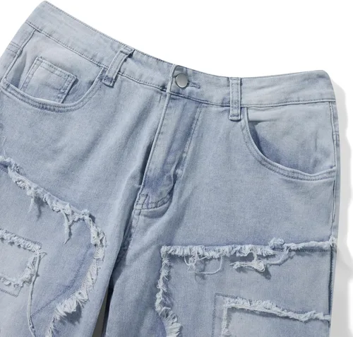 Vista 6 de LouVasabuce Pantalones de mezclilla desgastados desgastados y desgastados para hombre, corte recto, ajuste regular, pantalones de mezclilla apilados