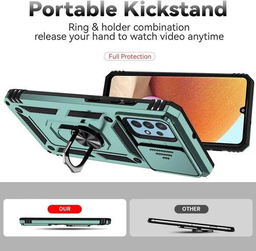 Vista 4 de Funda para Galaxy A32 4G, Samsung A32 4G SM-A325F con protector de pantalla de vidrio templado y cubierta de cámara deslizante, soporte de anillo