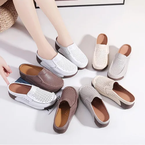 Vista 5 de UGOSELEC Sandalias de cuero transpirable para mujer, estilo casual, hueco, antideslizante, soporte de arco, sin cordones, zapatos de trabajo