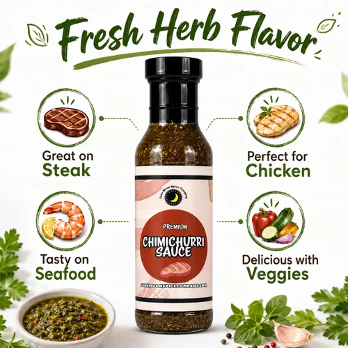 Vista 3 de Salsa Chimichurri Sin colesterol Sin azúcar Fabricado en lotes pequeños Botella de 12 onzas líquidas de sabor Salsa gourmet Chimichurri
