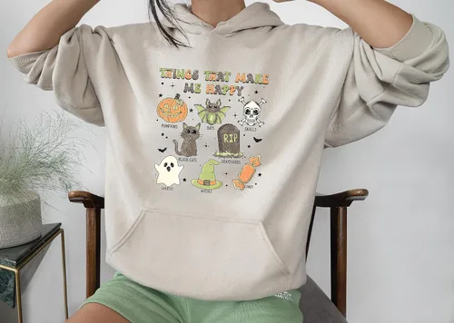 Vista 4 de Halloween Hoodies, Retro Things That Make Me Happy Halloween Sweatshirt, Cute Halloween, Graphic Tee, Cute Spooky, Skull Sweater, Graveyard
