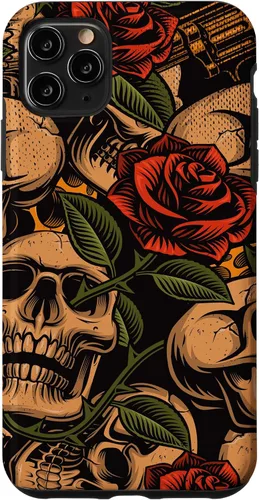 Vista 13 de Funda con diseño de tatuajes de flash tradicional para iPhone 17 con diseño retro rojo de rosas de calavera