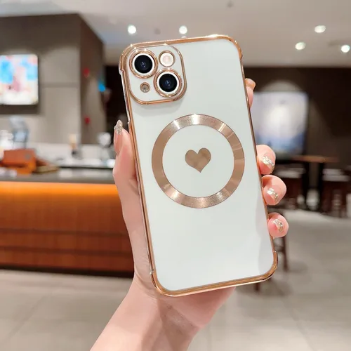 Vista 3 de Funda magnética para iPhone 13, para mujeres y niñas, chapado de lujo, lindo corazón de amor, cubierta trasera suave, protección completa de lente