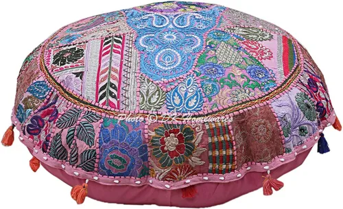 Vista 3 de Cojín de suelo bohemio indio, grande, color rosa bebé, 32 pulgadas, para yoga, reposapiés, decoración del hogar, bordado, vintage, algodón, redondo