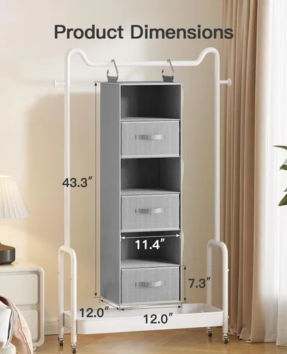 Vista 3 de Pipishell Organizador colgante de armario con 6 estantes, estantes colgantes para armario con 3 cajones extraíbles y bolsillos laterales