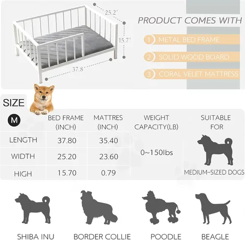 Vista 8 de OSCHF Cama para perros con rieles, marco de cama elevado de metal para mascotas con tabla de madera maciza y alfombrilla suave lavable para perros