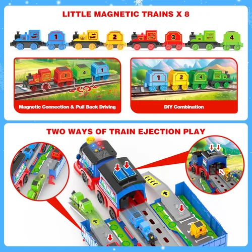 Vista 4 de Juego de tren de juguete 2 en 1 para niños pequeños, base de tren de catapulta con grúa torre móvil, 8 pequeños trenes magnéticos, efecto de luz