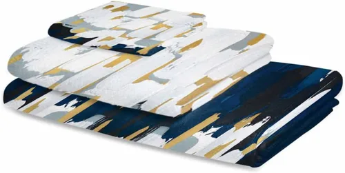 Vista 2 de Juegos de toallas abstractas azul marino para baño, cocina, playa, pelo, mano, yoga, toallas y paños de cocina, geométricos modernos de color blanco