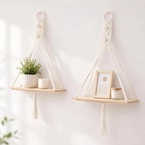 Vista 9 de Artilady Paquete de 2 estantes de madera para colgar en la pared, estantes flotantes bohemios, estante de plantas de macramé blanco, estante