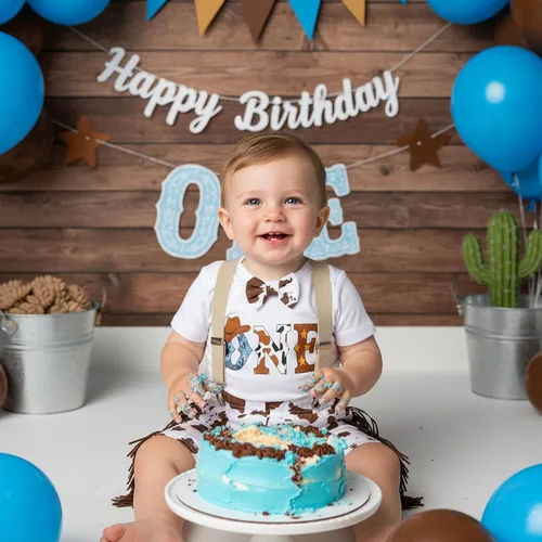 Vista 2 de GRNSHTS Ropa Divertida de Primer Cumpleaños para Bebé Niño Mameluco con Pajarita Body Conjuntos para Sesión de Fotos con Pastel marrón (Cow Brown)