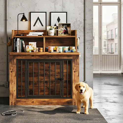 Vista 7 de IRONCK Mueble de jaula para perros, jaula de madera para perros pequeños de 33.4 pulgadas con almacenamiento y 4 ganchos, jaula resistente
