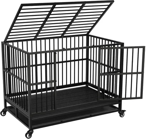 Vista 10 de Jaula indestructible para perros de 37 pulgadas con panel divisor extraíble, jaula resistente para mascotas para dos perros con ruedas de bandeja