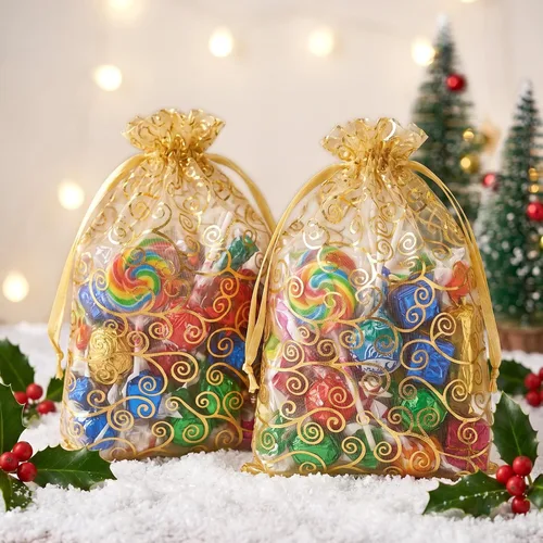 Vista 4 de joycraft 50 bolsas de regalo de organza – 11.8 x 7.9 pulgadas, bolsas de regalo de malla dorada con cordón, bolsa de organza para regalo de San