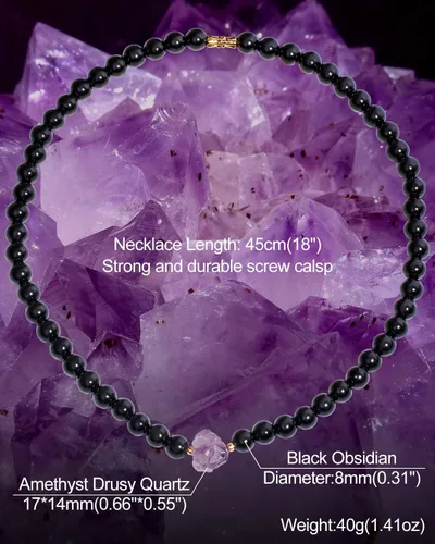 Vista 8 de Collar de cuentas de obsidianaamatista de cuarzo negro para mujeres y hombres, equilibrio, meditación, energía, cristal y piedras preciosas, Piedra
