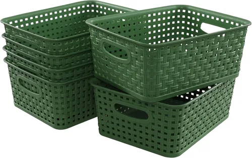 Vista 2 de Cesta de cocina de plástico, cestas de almacenamiento tejidas, 6 paquetes de color verde oscuro