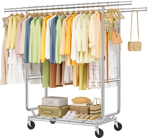Vista 16 de Hoctieon Perchero de montaje de 1 minuto, 480 libras, percheros de ropa rodantes resistentes con ruedas, perchero plegable para ropa, barra Plata