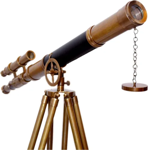 Vista 3 de Telescopio antiguo de latón cubierto de cuero con trípode ajustable de madera/latón náutico auténtico de alto aumento manual de enfoque de ajuste