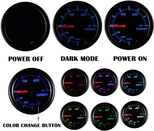 Vista 3 de Kit de medidor de aumento de turbo YONEDA, vacío 30 PSI, 7 colores tintados - Incluye manguera mecánica y conexión en T - Dial negro - para auto