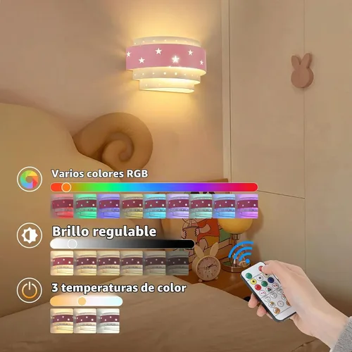 Vista 2 de Lightess Aplique de pared rosa que funciona con pilas para habitación de niñas, lámpara de pared LED regulable con forma de estrella, lámpara