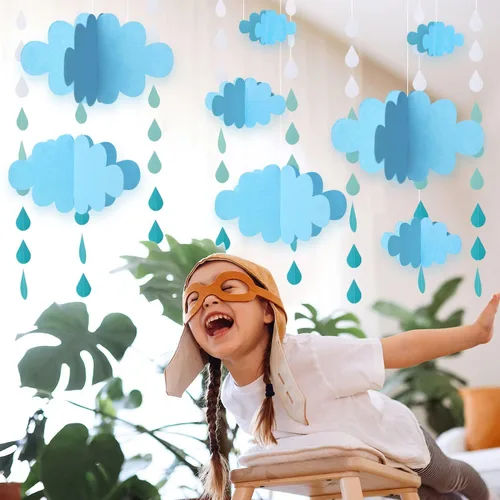 Vista 7 de 16 piezas de decoración de nube en 3D, nubes colgantes azules y gotas de lluvia para decoración de techo colgante para fiestas, guardería
