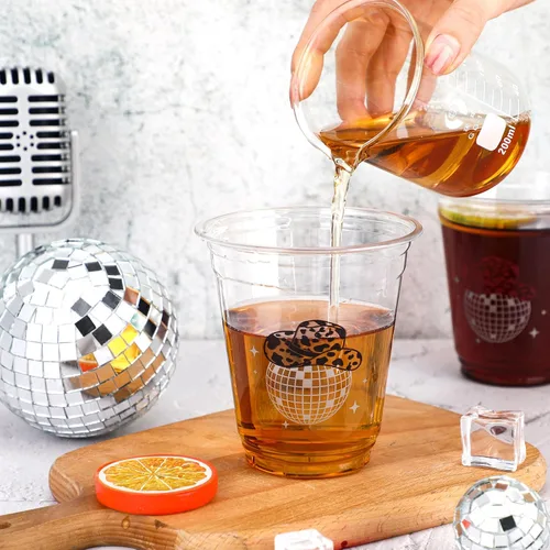 Vista 4 de Sliner 100 tazas de plástico de discoteca vaquera negra y rosa para decoración de despedida de soltera, 12 onzas, vasos desechables de bola