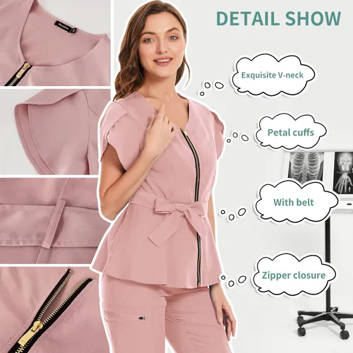 Vista 4 de niaahinn Conjunto de ropa quirúrgica para mujer, uniforme médico, camiseta y pantalones con cremallera y cordón, ropa de trabajo dental