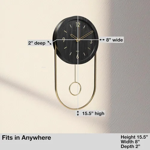 Vista 4 de Driini Reloj de pared decorativo con péndulo (negro) – Madera moderna, números dorados 3D, marco de metal – Relojes de pared pequeños y únicos