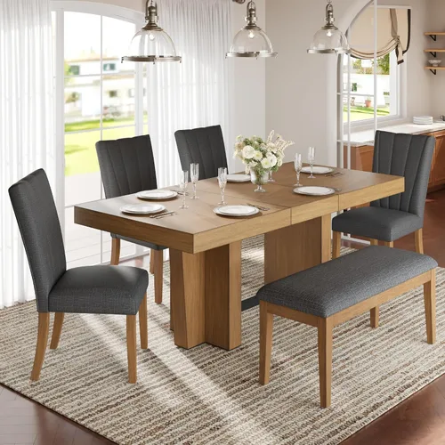 Vista 14 de Harper & Bright Designs 6-Piece Solid Wood Kitchen Dining Table Set, 60" Rectangular Table with 4 High-Back Tufted Upholstered Chairs & 1 Bench for