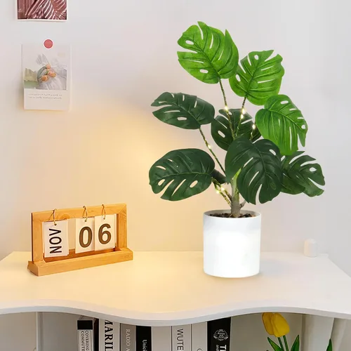 Vista 7 de RECUTMS Plantas falsas altas de 18 pulgadas con luz artificial Monstera planta palmera tropical en maceta blanca de imitación vegetación en maceta