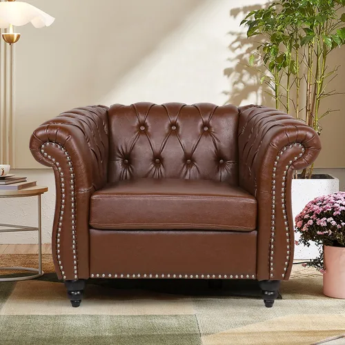 Vista 26 de Sofá moderno de 3 plazas, muebles de sofá grande, con brazo enrollable, sofá Chesterfield clásico copetudo de cuero con respaldo de asiento copetudo
