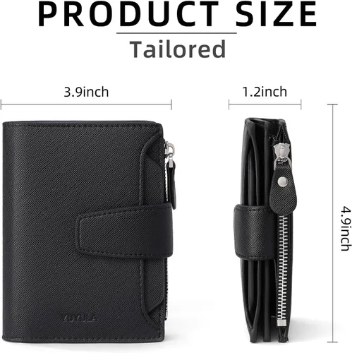 Vista 3 de Cartera pequeña de cuero para mujer, con bloqueo RFID, tarjetero de lujo con bolsillo para monedas, ventana de identificación, Negro -, Elegancia