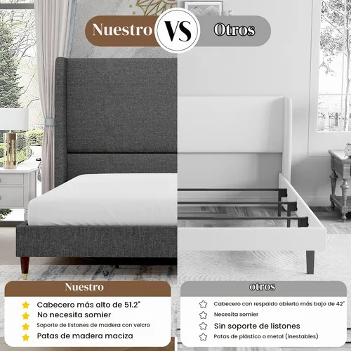 Vista 7 de PaPaJet Base de cama King tapizada de lino de 51.2 pulgadas de alto, color Gris oscuro