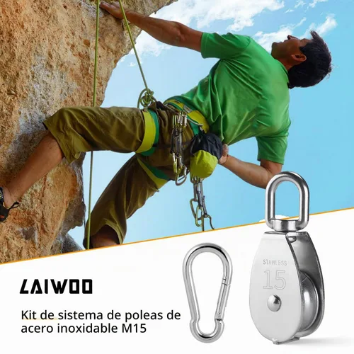 Vista 6 de LAIWOO M15 - Bloque de polea de acero inoxidable resistente, cuerda y ganchos, paquete de 2
