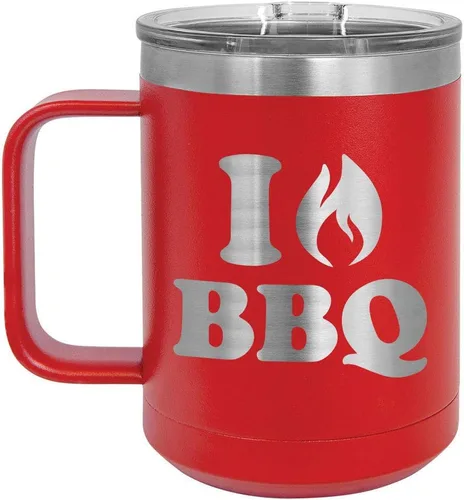 Vista 7 de I Love BBQ Black Taza de café de 15 oz con tapa deslizante Taza de café de viaje aislada Idea de regalo para barbacoa y parrilla para hombres