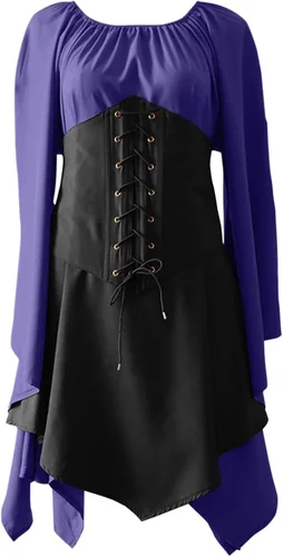 Vista 3 de Tintwwg Disfraz medieval renacentista, falda de corsé acampanado y falda sobrefalda élfica arquero irlandés sobre vestido