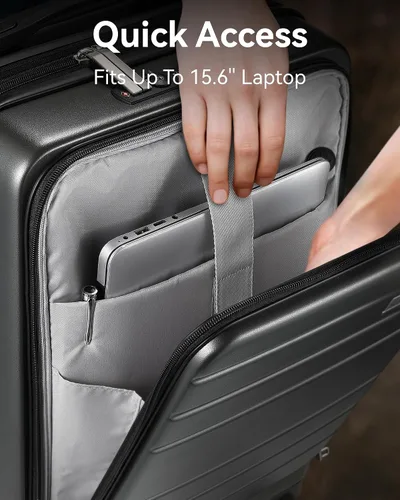 Vista 3 de LUGGEX Maleta de mano con bolsillo frontal, maleta rígida de policarbonato expandible con puerto USB, Negro -, Maleta de mano