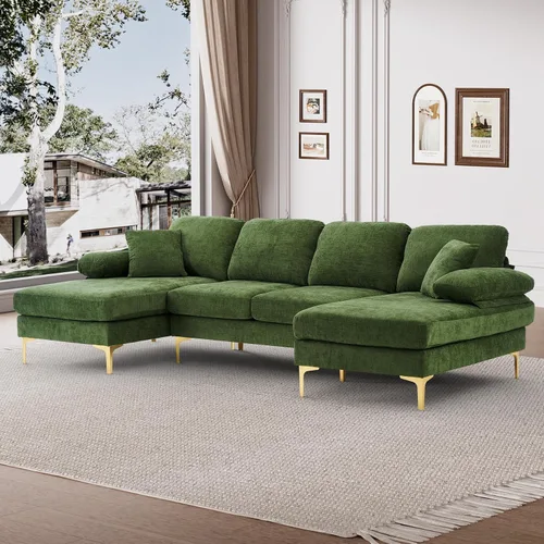 Vista 16 de OUYESSIR Sofá modular en forma de L, sofá de terciopelo de 3 plazas con otomana y almohadas, cómodo sofá cama tapizado para sala de estar, Verde