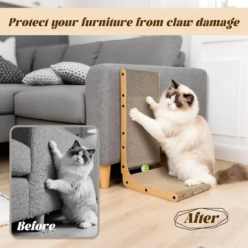Vista 6 de PatiencET Rascador para gatos en forma de L, almohadilla de cartón de 26.8 pulgadas para gatos de interior, tablero vertical grande para rascar
