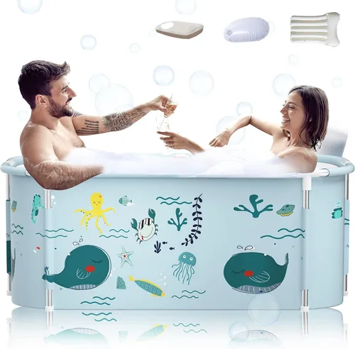 Vista 9 de Bañera plegable portátil extra grande de 53 pulgadas con marco de metal para adultos, bañera familiar con cubierta para baño pequeño, bañera gruesa