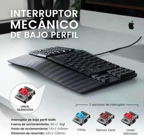 Vista 6 de Perixx PERIBOARD-335RD ES Teclado compacto mecánico ergonómico con Cable - Interruptores lineales rojos de perfil Bajo - Teclas programables
