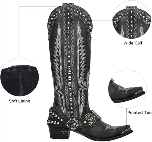 Vista 2 de Jiemifu - Botas vaqueras vintage de tacón medio, botas vaqueras para mujer, botas occidentales para mujer, botas puntiagudas de moda para todas