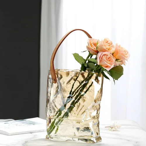 Vista 2 de Wnvivi Florero para flores, jarrones de vidrio, cuenco de pescado con asa, bolso plisado irregular en forma de jarrón de vidrio para centro de mesa