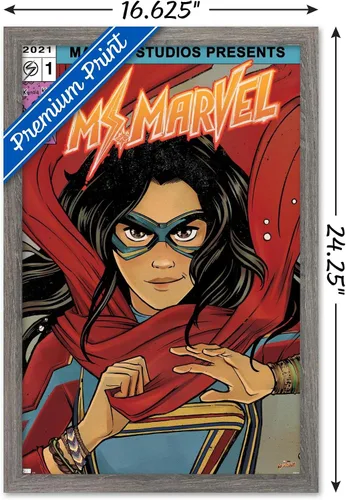 Vista 3 de Trends International Marvel Ms. Marvel - Póster de pared de cómic, 22.4 pulgadas de largo x 14.7 pulgadas, versión enmarcada en madera de granero