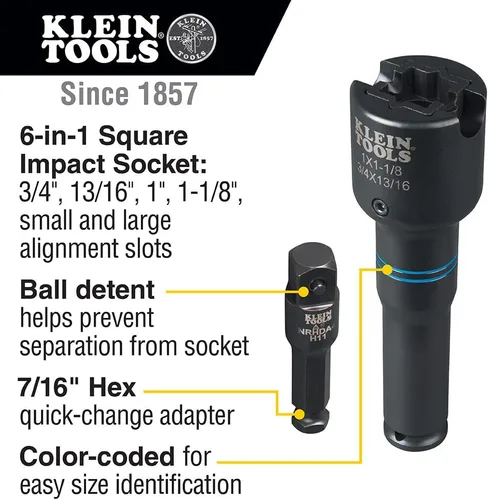 Vista 2 de Klein Tools NRHD4, juego de enchufes de impacto, llave de enchufe SAE 6-en-1, enchufes de 4 puntas: enchufes de 3/4, 13/16, 1, 1-1/8 pulgadas