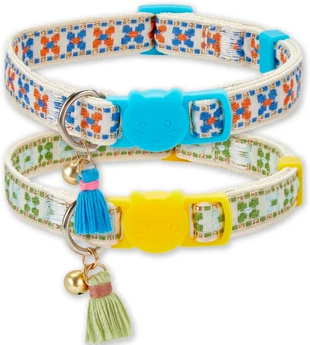 Vista 9 de Paquete de 2 collares de gato con bonito patrón colorido para gato, niño y niña, longitud ajustable con borla de campana, patrón tribal bohemio