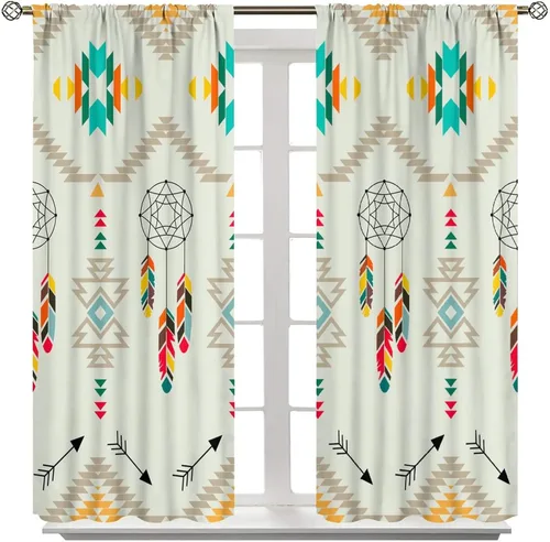 Vista 414 de Cortinas con patrón geométrico tribal, estilo suroeste, azteca, rústico, occidental, nativo americano, opacas, con bolsillo para barra, decoración