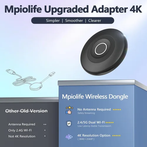 Vista 7 de MpioLife True 4K Wireless Display Adapter, Plug & Play, HDMI Dongle 5G+2.4G Wireless Screen Mirroring Cast from Smartphone Tablet Laptop PC to